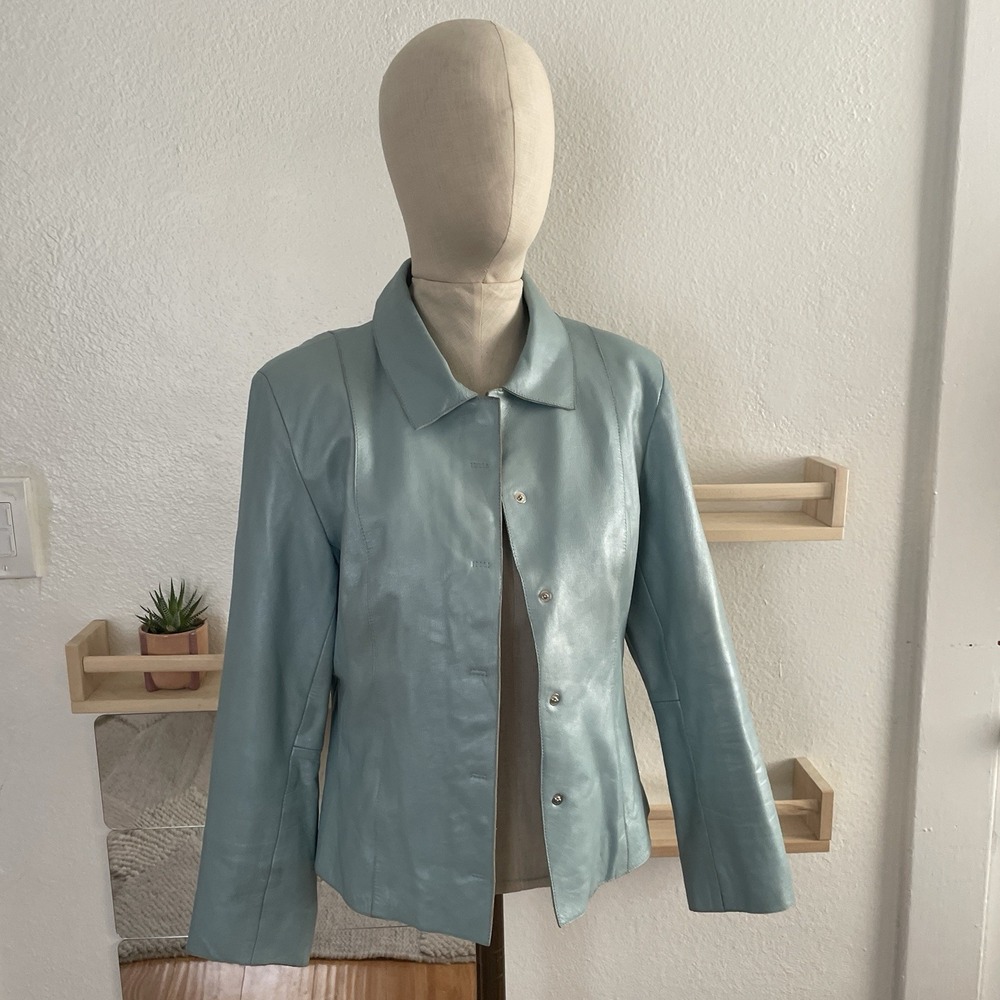 Vintage Saguaro Seafoam Blue Leather Jacket Minimalist 90s Jacket Small - Picture 9 of 12
